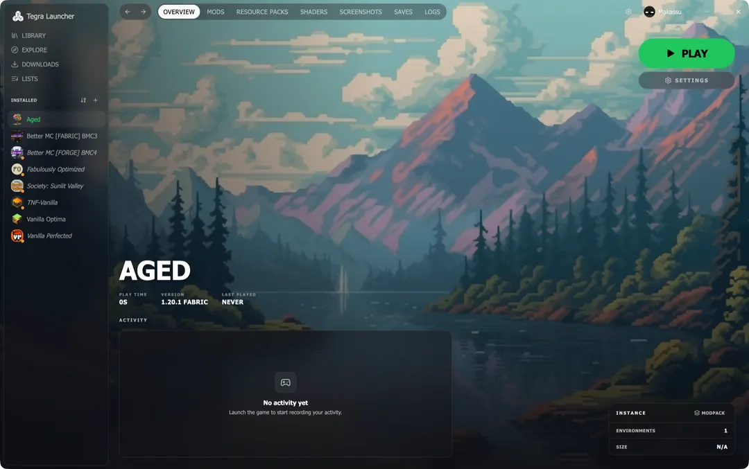 Tegra Launcher instance page with the Play button over a pixel-art landscape