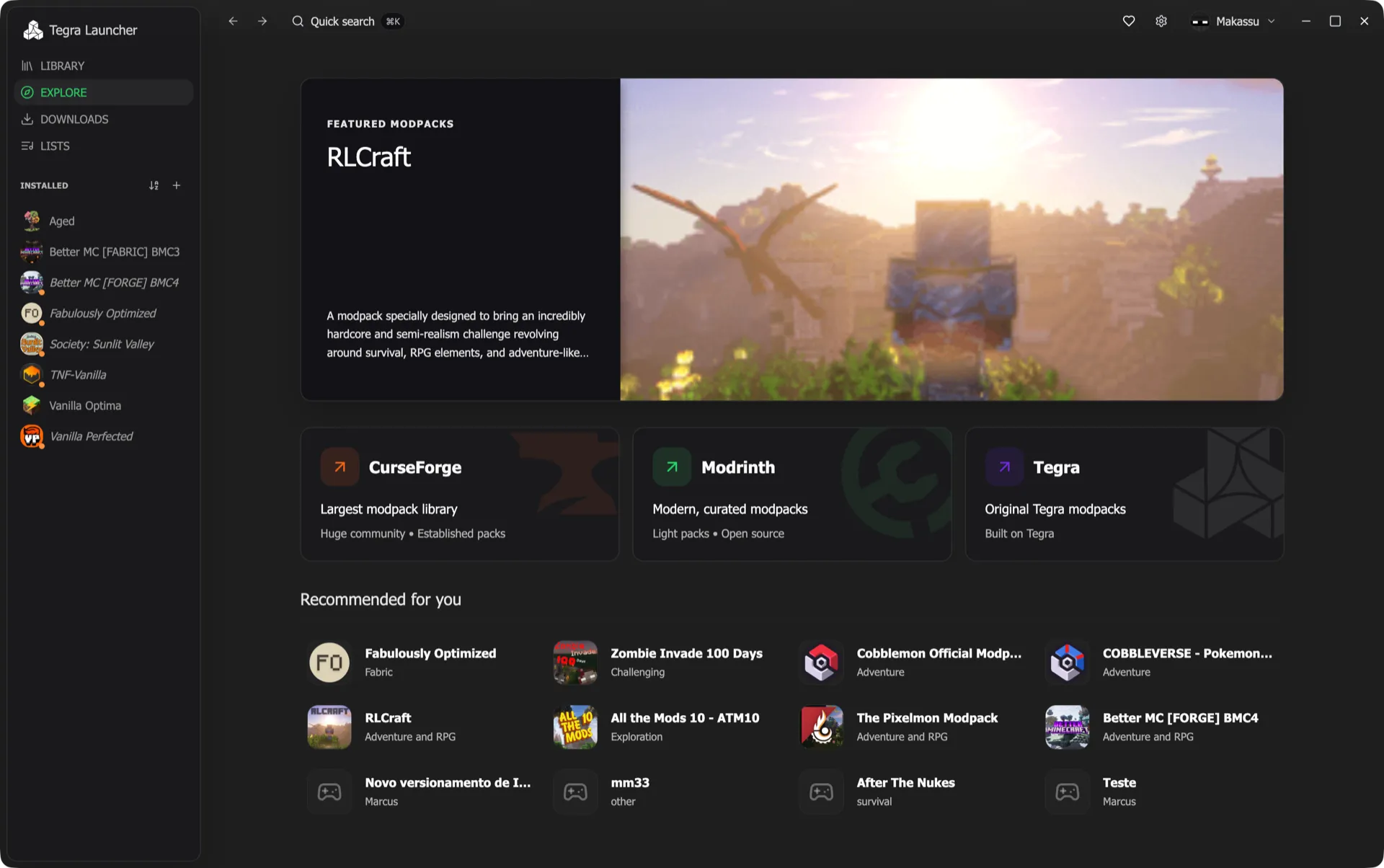 Tegra Launcher explore tab with modpacks from CurseForge, Modrinth and Tegra