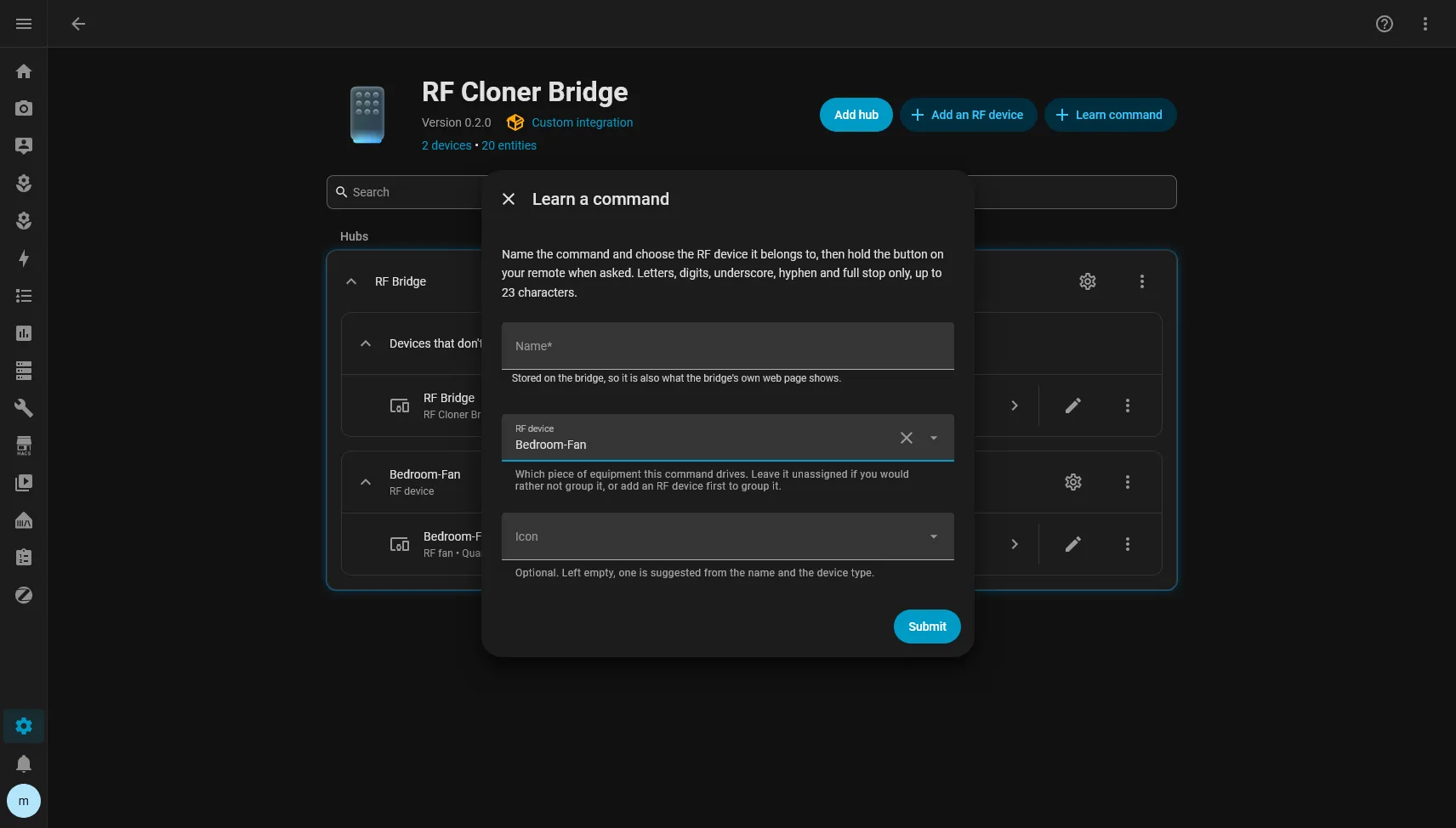 Learning a new RF command from Home Assistant