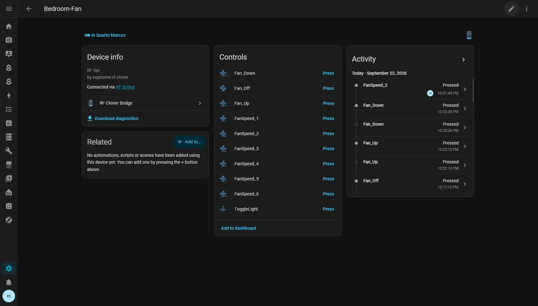 An RF device in Home Assistant with one button per learned command