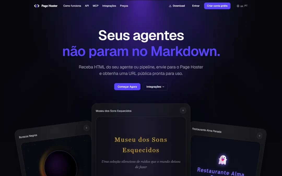 Page Hoster landing page: “Your agents don't stop at Markdown.”