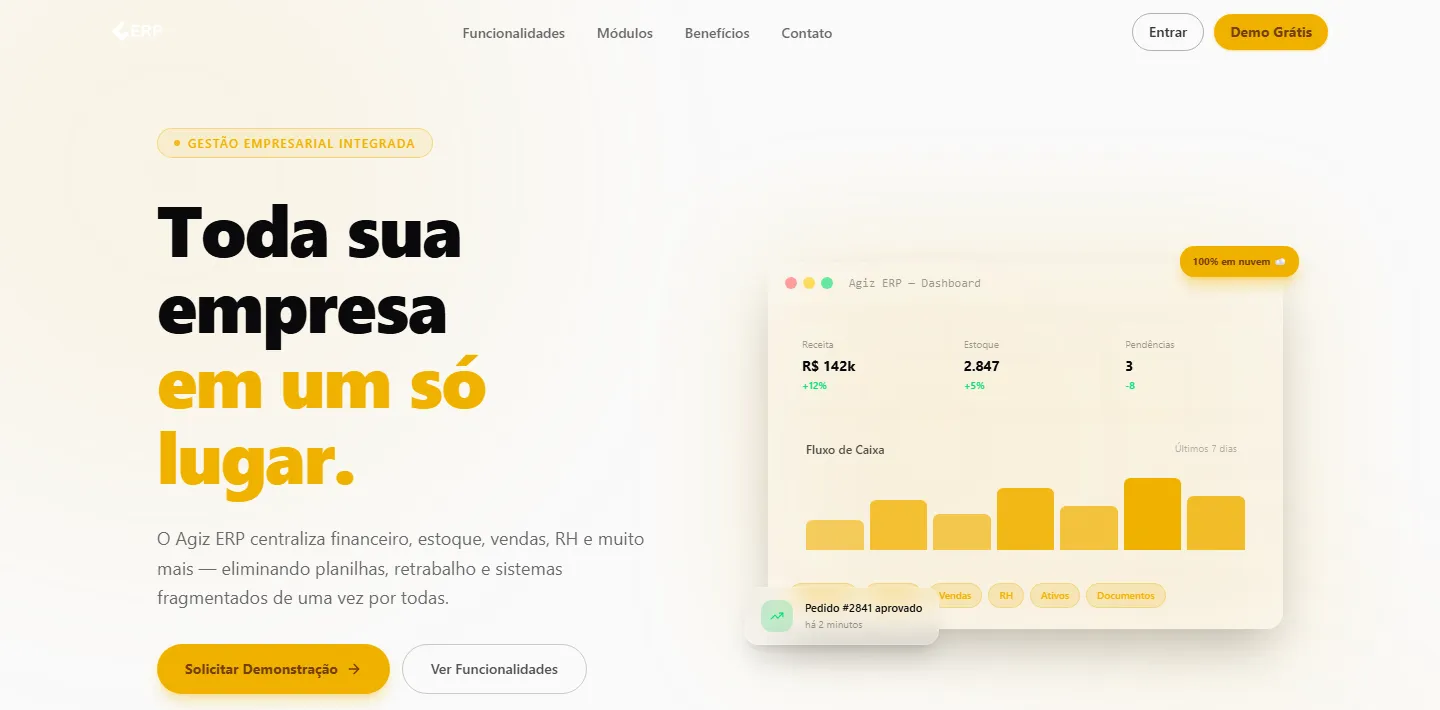Agiz ERP landing page with a dashboard preview