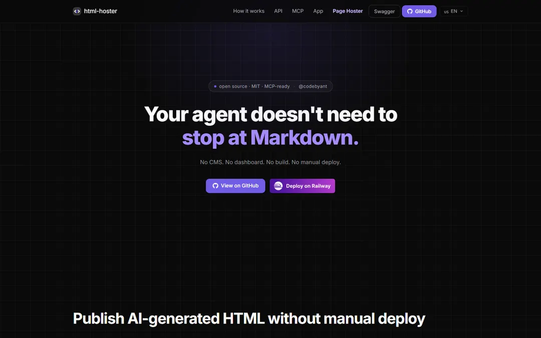 html-hoster landing page: “Your agent doesn't need to stop at Markdown.”
