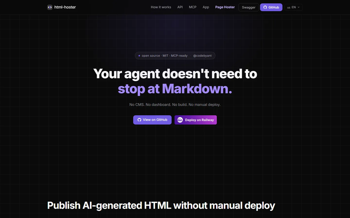 html-hoster landing page: “Your agent doesn't need to stop at Markdown.”