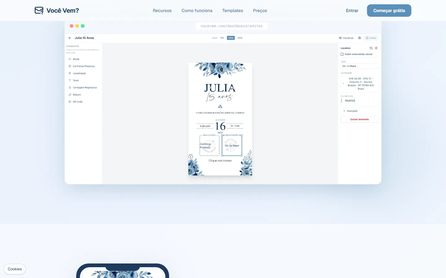 Você Vem? invitation editor with RSVP and map buttons
