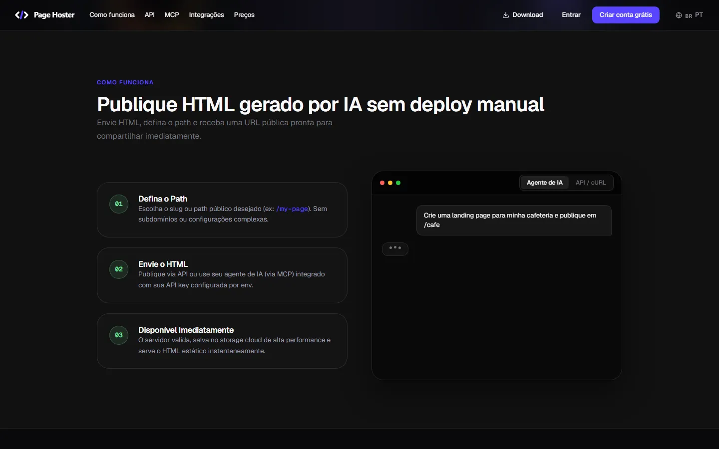How Page Hoster works: define a path, send the HTML, get a public URL
