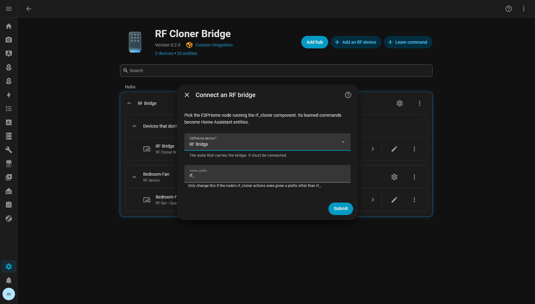 The Connect an RF bridge form after the fix, with both fields