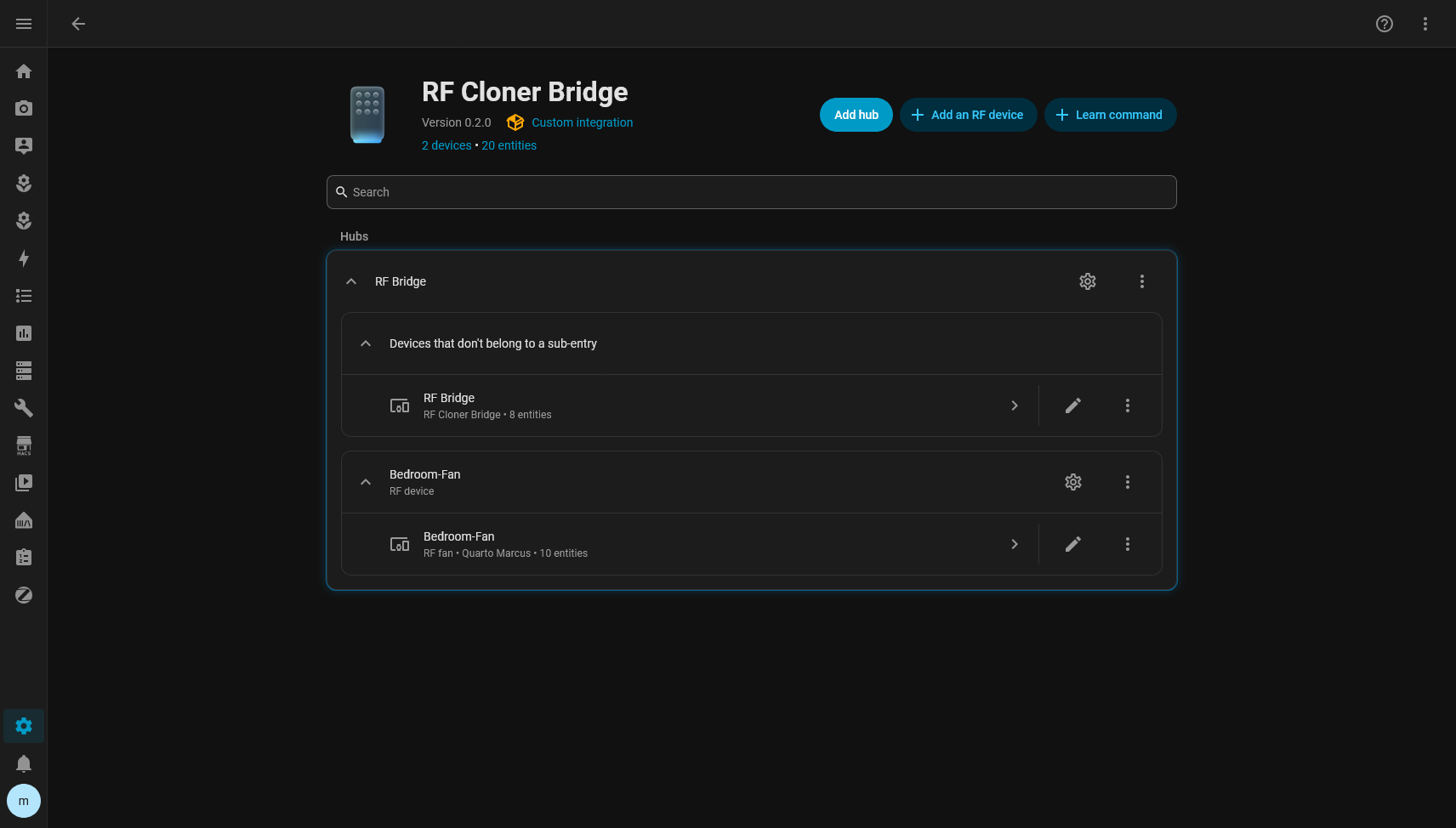 The integration page with Add an RF device and Learn command side by side