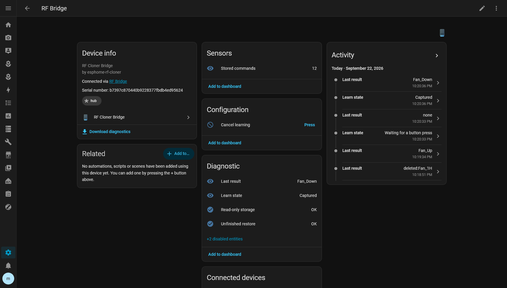 The bridge’s page in Home Assistant: stored commands, learn state and storage diagnostics