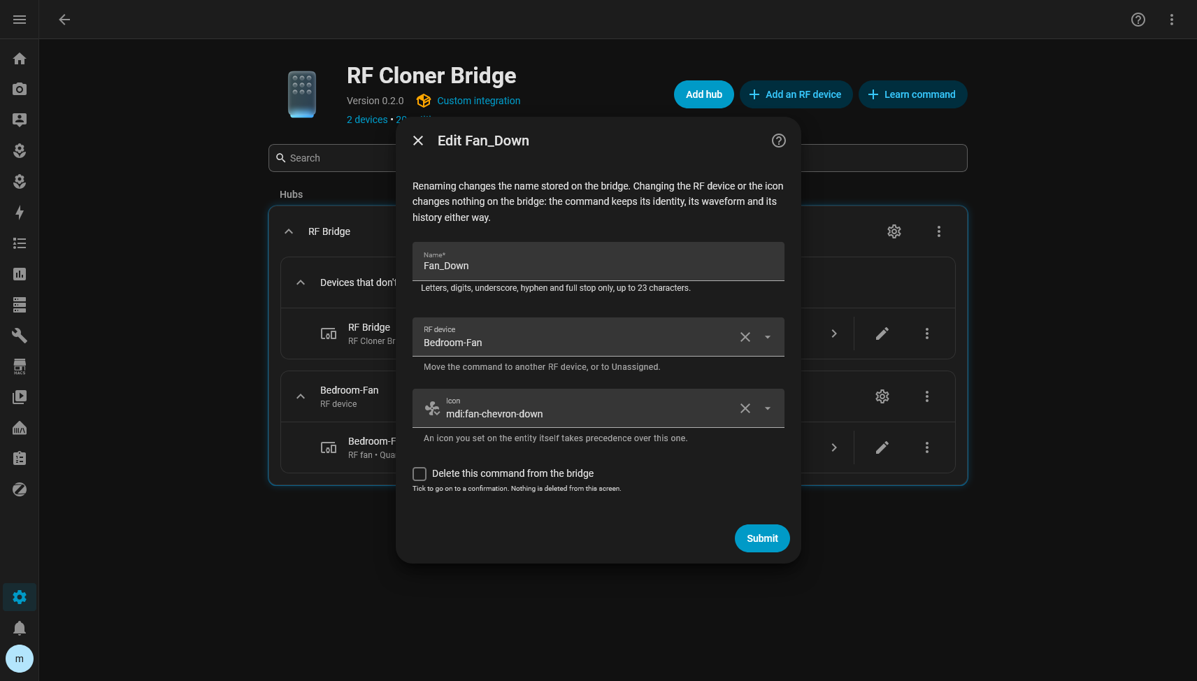 Editing a command: name, RF Device and icon